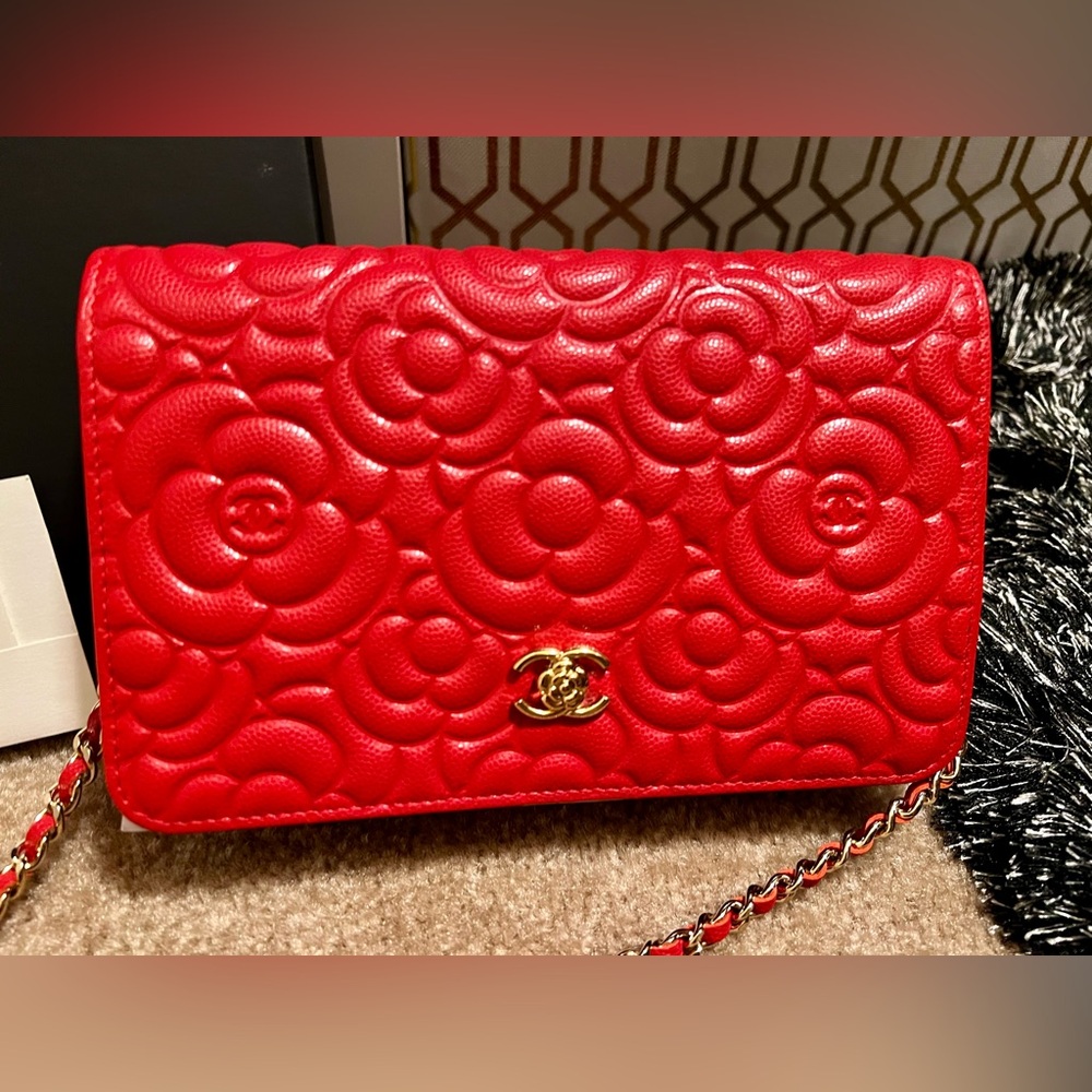 CHANEL Limited Edition Caviar Camellia Embossed WOC in Lipstick Red with GHW